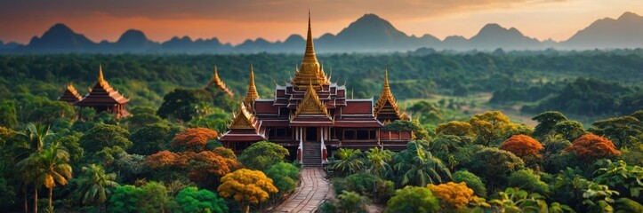 Fototapeta premium Temple in Forest, Golden Architecture with Pathway, Green Landscape, Tropical Ambiance from Above.