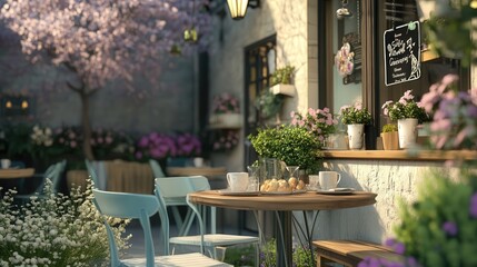cozy outdoor cafe filled with the aroma of fresh spring flowers.