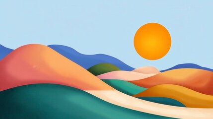 Pastel Hills and Orange Sun Abstract Landscape
