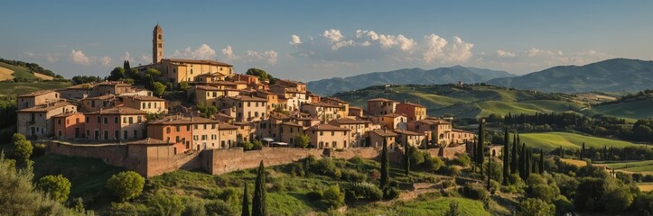 Fototapeta premium Tuscan Village Landscape with Rolling Hills and Tower. Rural Tranquility