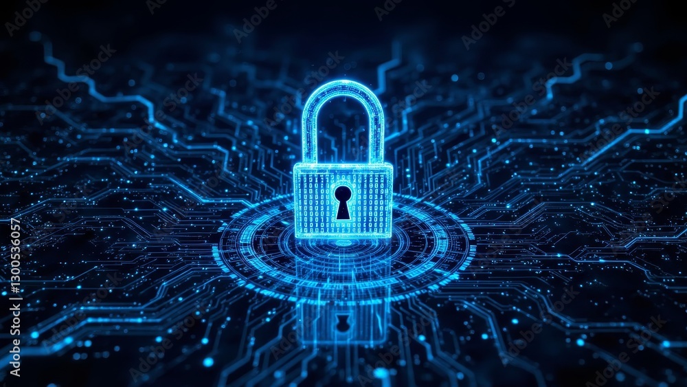 Poster digital lock with circuitry background representing cybersecurity and data protection