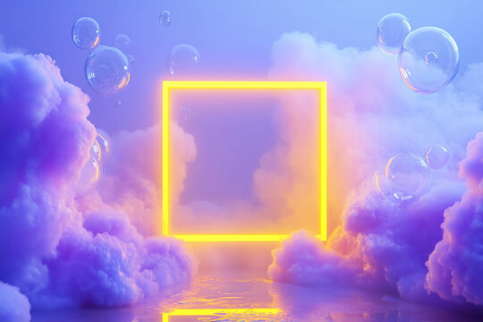 ethereal and surreal scene features a vibrant yellow square frame floating amidst soft, billowing purple and pink clouds. Iridescent soap bubbles drift gently around the frame