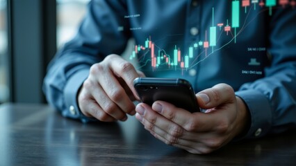 Person Analyzing Stock Market Data on Smartphone with Financial Graph Overlays