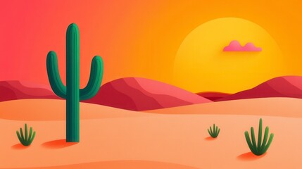 Pixel Art Desert Sunset Landscape with Saguaro Cactus
