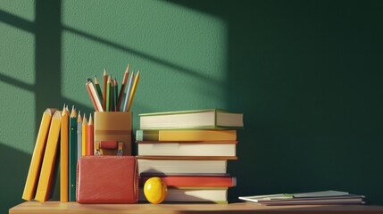 A neat pile of schoolbooks with a pencil case and pens beside them, arranged on a desk in front of a calming green chalkboard backdrop