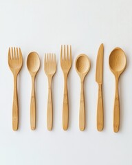 Handcrafted Bamboo Cutlery Set on White Background for Eco-Friendly Living