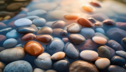 A macro photograph of smooth pebbles in a river, highlighting the natural colors, intricate patterns, and textures of the stones, with water gently flowing around them, creating a peaceful scene.
