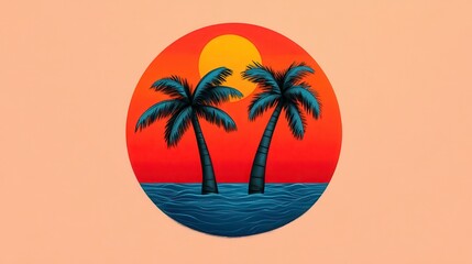 Pixel Art Sunset Beach Scene Two Palm Trees at Sunset in a Circular Frame