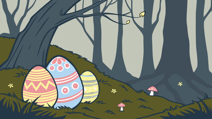 Enchanted Forest Easter Background with Glowing Eggs Nestled in Moss, Twinkling Fireflies, Bioluminescent Mushrooms, Tall Ancient Trees, and a Mystical Twilight Atmosphere for Fantasy Holiday Scenes