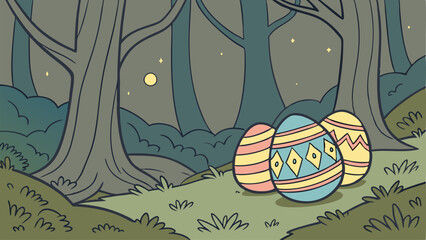 Enchanted Forest Easter Background with Glowing Eggs Nestled in Moss, Twinkling Fireflies, Bioluminescent Mushrooms, Tall Ancient Trees, and a Mystical Twilight Atmosphere for Fantasy Holiday Scenes