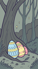 Enchanted Forest Easter Background with Glowing Eggs Nestled in Moss, Twinkling Fireflies, Bioluminescent Mushrooms, Tall Ancient Trees, and a Mystical Twilight Atmosphere for Fantasy Holiday Scenes