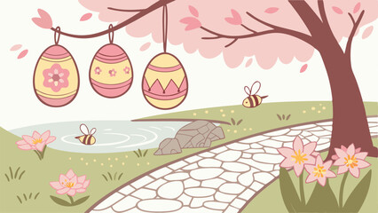 Cherry Blossom Garden Easter Background with Hanging Decorative Eggs, Falling Petals, Soft Sunlight, Cobblestone Path, Blooming Spring Flowers, and a Peaceful Scenic View for Festive Art