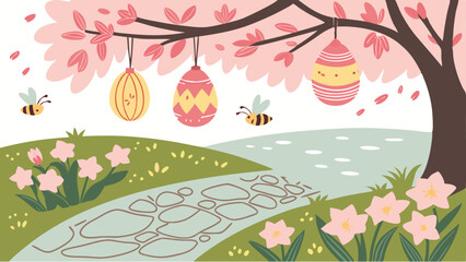 Cherry Blossom Garden Easter Background with Hanging Decorative Eggs, Falling Petals, Soft Sunlight, Cobblestone Path, Blooming Spring Flowers, and a Peaceful Scenic View for Festive Art