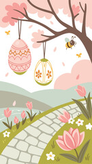 Cherry Blossom Garden Easter Background with Hanging Decorative Eggs, Falling Petals, Soft Sunlight, Cobblestone Path, Blooming Spring Flowers, and a Peaceful Scenic View for Festive Art