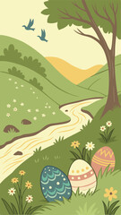 Golden River Valley Easter Background with Floating Painted Eggs, Shimmering Water, Blooming Wildflowers, Rolling Green Hills, Warm Sunlight, and a Peaceful Spring Landscape for Holiday Art