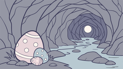 Crystal Cave Easter Background with Glowing Gem-Like Eggs, Sparkling Stalactites, Reflective Water Pools, Soft Moonlight, Shimmering Rocks, and a Magical Underground Scene for Fantasy Art