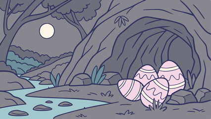 Crystal Cave Easter Background with Glowing Gem-Like Eggs, Sparkling Stalactites, Reflective Water Pools, Soft Moonlight, Shimmering Rocks, and a Magical Underground Scene for Fantasy Art