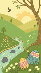 Golden River Valley Easter Background with Floating Painted Eggs, Shimmering Water, Blooming Wildflowers, Rolling Green Hills, Warm Sunlight, and a Peaceful Spring Landscape for Holiday Art