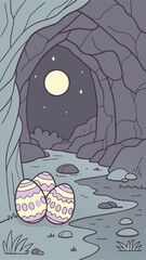 Crystal Cave Easter Background with Glowing Gem-Like Eggs, Sparkling Stalactites, Reflective Water Pools, Soft Moonlight, Shimmering Rocks, and a Magical Underground Scene for Fantasy Art