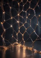 Glowing mesh background with entwined virtual particles and shimmering metallic threads, electromagnetic, glowing, oscillations