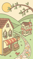 Fairy Tale Easter Village Background with Giant Egg-Shaped Houses, Colorful Decorated Eggs, Cobblestone Paths, Blooming Flowers, Rolling Green Hills, and a Warm Sunrise for a Whimsical Scene