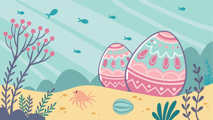 Underwater Easter Egg Background with Iridescent Eggs Resting on Vibrant Coral Reefs, Sunlight Filtering Through Water, Glowing Jellyfish, Colorful Fish, and a Magical Oceanic Scene for Fantasy Art