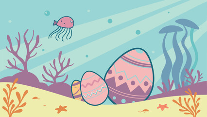 Underwater Easter Egg Background with Iridescent Eggs Resting on Vibrant Coral Reefs, Sunlight Filtering Through Water, Glowing Jellyfish, Colorful Fish, and a Magical Oceanic Scene for Fantasy Art