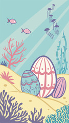 Underwater Easter Egg Background with Iridescent Eggs Resting on Vibrant Coral Reefs, Sunlight Filtering Through Water, Glowing Jellyfish, Colorful Fish, and a Magical Oceanic Scene for Fantasy Art