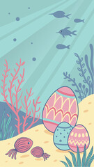 Underwater Easter Egg Background with Iridescent Eggs Resting on Vibrant Coral Reefs, Sunlight Filtering Through Water, Glowing Jellyfish, Colorful Fish, and a Magical Oceanic Scene for Fantasy Art