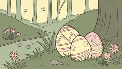 Peaceful Woodland Easter Background with Hidden Decorated Eggs Among Soft Moss, Blooming Spring Flowers, Twinkling Fireflies, Dappled Sunlight, Tall Trees, and a Serene Forest Landscape