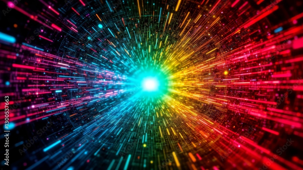 Poster dynamic explosion of colorful light rays in a galactic background for abstract design
