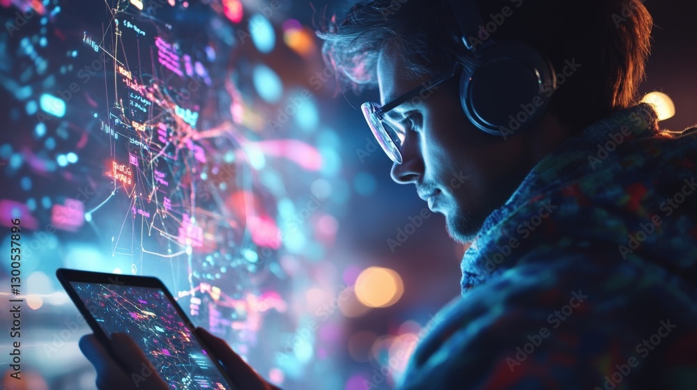 Poster software developer wearing headphones and glasses, working late at night with a digital tablet, enga