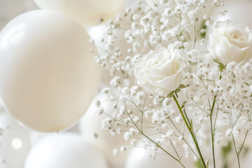 Fototapeta premium Close-up of delicate white roses and baby's breath flowers intertwined with soft, floating white balloons. 