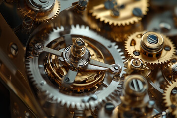 Close-up macro shot of intricate mechanical watch gears in gold and silver tones, highlighting the precision craftsmanship of interlocking cogs and delicate engineering.  