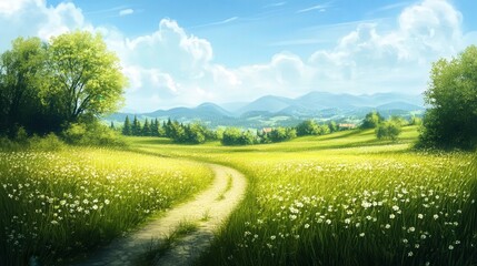 peaceful meadow where gentle spring breezes ripple through fresh grass.