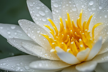 Fototapeta premium Close-up macro shot of a delicate white water lily adorned with glistening dewdrops, its vibrant yellow center radiating warmth. 