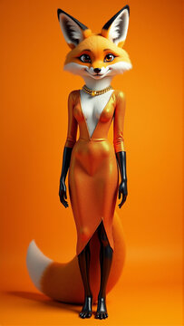 Anthropomorphic female fox character smiling and wearing a luxurious orange dress with black gloves isolated on a solid background
