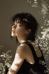 Ethereal portrait of a young woman with delicate features, fair skin, and dark tousled hair, bathed in soft golden light. Shadows of baby's breath flowers dance across her skin 