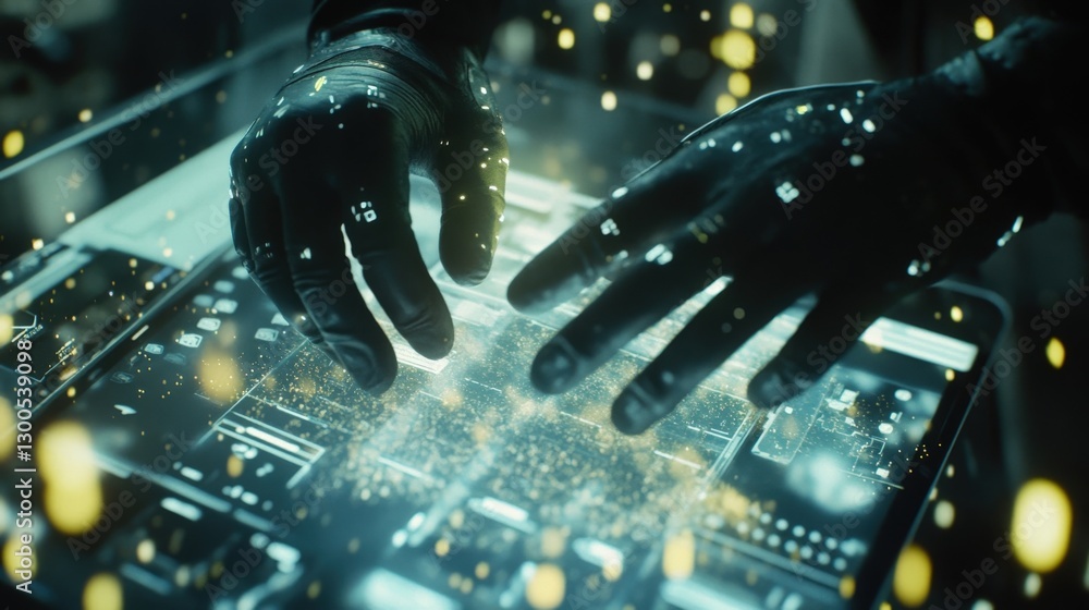 Poster gloved hands engaging with a futuristic interface, navigating through vibrant data streams and glowi