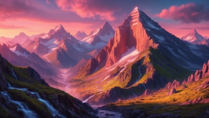 Majestic Mountain Peaks at Sunset.  Scenic Views with Lush Greenery and Cascading Waterfalls