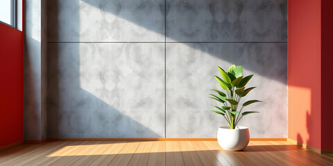 minimalist mockup of a white wall adorned with a vibrant green plant on a polished wood floor,split-color background wall creating a lively and cheerful atmosphere of modern interior design.