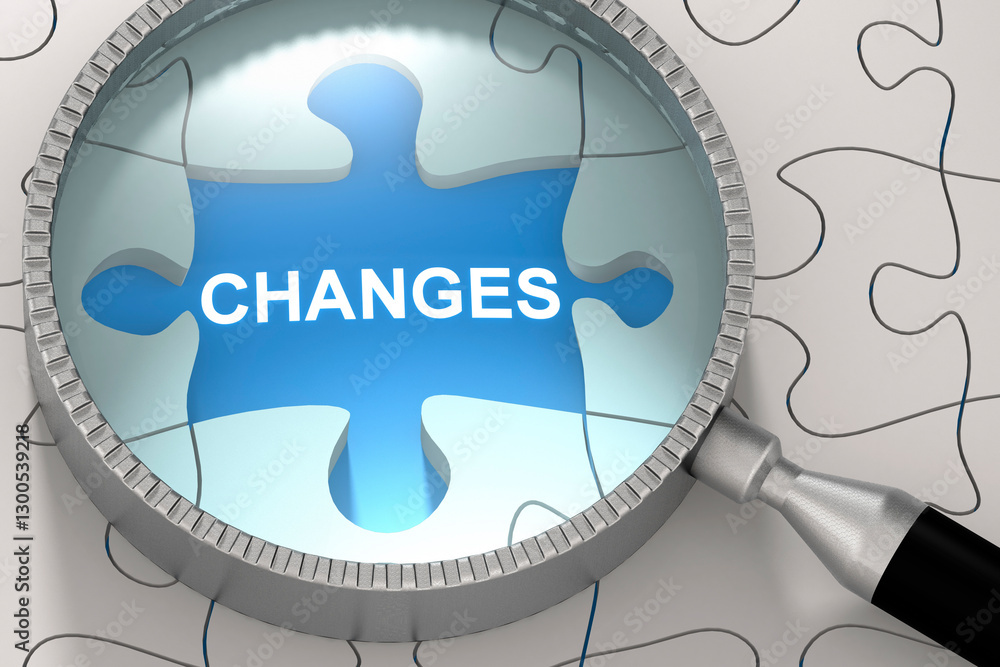 Poster changes word on the puzzle and under the magnifying glass