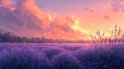 soft, pastel-colored sunset over a field of blooming lavender