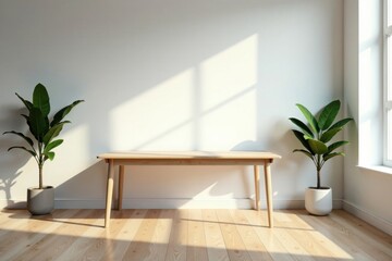 Minimalist wooden desk in a vast empty space with natural light pouring in, empty, interior
