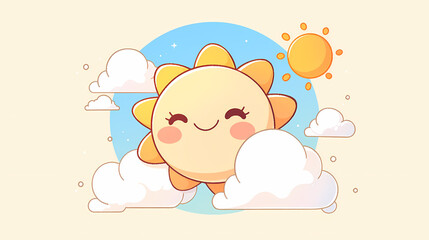 Cheerful cartoon sun smiling among fluffy clouds with a bright sun in the background, ideal for children's themes