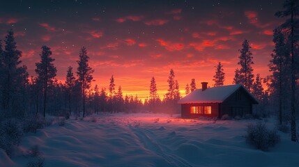 Fototapeta premium Cozy winter cabin at sunset in snowy forest. Possible stock photo use