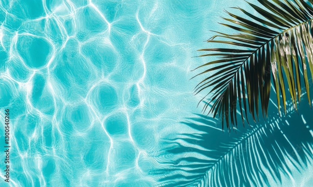 Poster top view of a palm leaf's shadow on the turquoise water surface in a swimming pool, a summer backgro