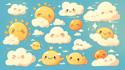 Cheerful cartoon sun and cloud characters playfully interacting in a bright blue sky background