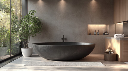 Modern bathroom featuring sleek black bathtub, artistic decor, and natural light. serene space with greenery and elegant design elements