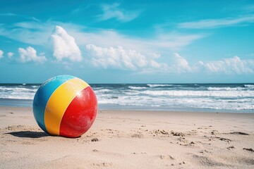 Obraz premium Colorful Beach Ball on Sandy Shore Under Bright Sunny Sky